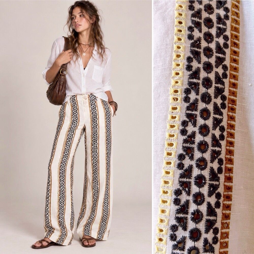 Anthropologie Eyelet Pants 8 Linen Cotton Striped Wide Leg Trousers Boho White